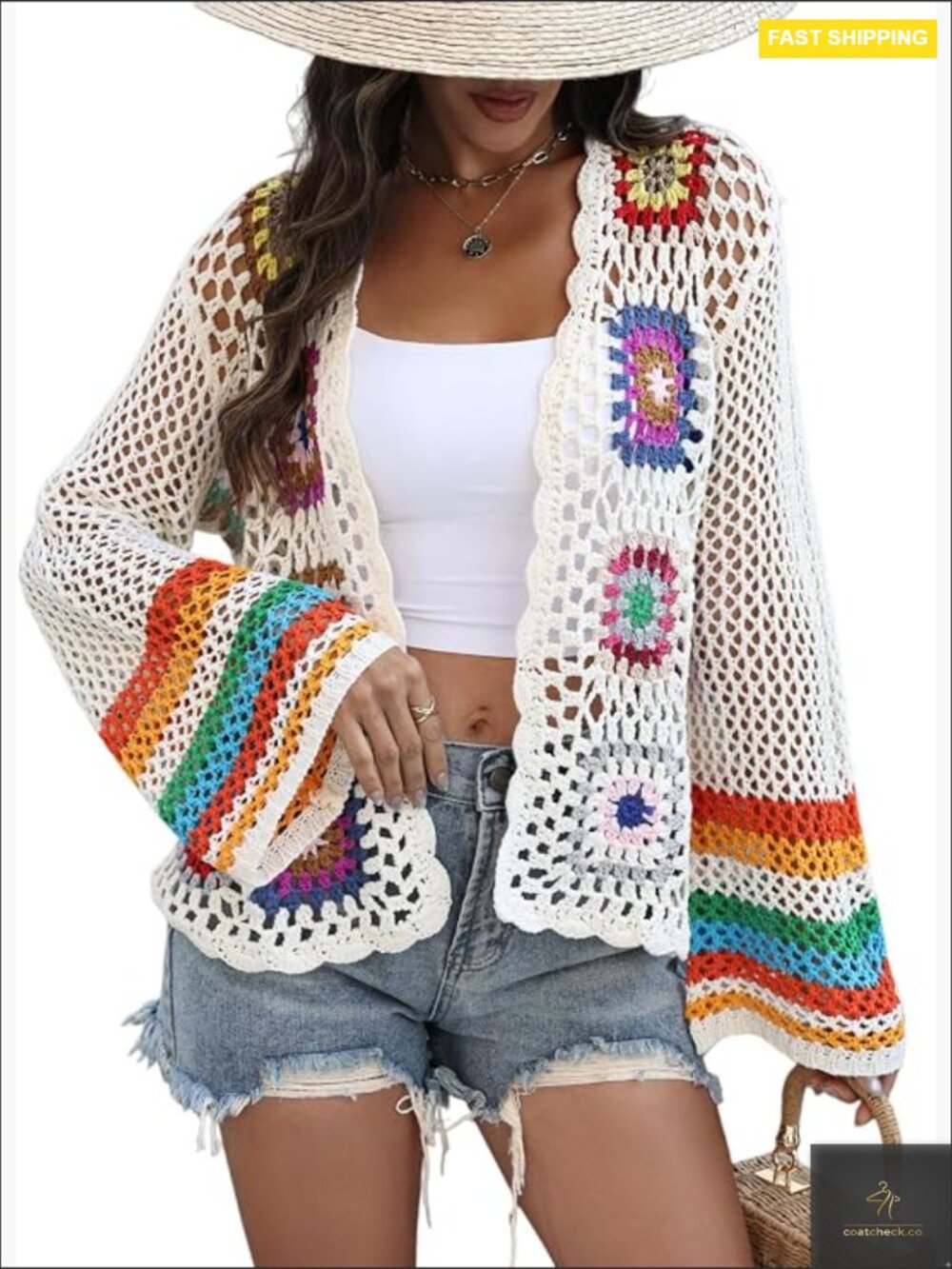 Crochet Cardigans for Women Boho Bell Sleeve Open Front Lightweight Knit Sweater